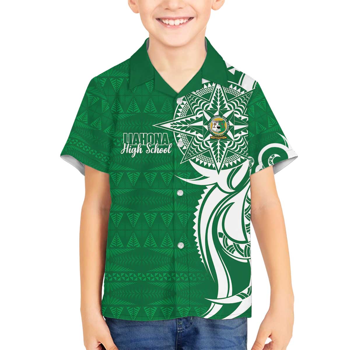 Personalised Liahona - Saineha High School Family Matching Off The Shoulder Long Sleeve Dress and Hawaiian Shirt Tongan Ngatu Pattern LT14 Son's Shirt Green - Polynesian Pride