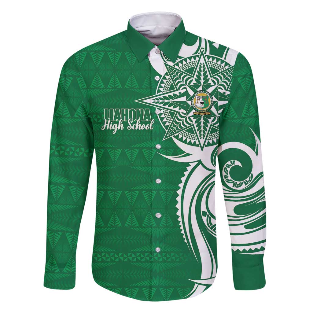 Personalised Liahona - Saineha High School Family Matching Off Shoulder Maxi Dress and Hawaiian Shirt Tongan Ngatu Pattern LT14 Dad's Shirt - Long Sleeve Green - Polynesian Pride