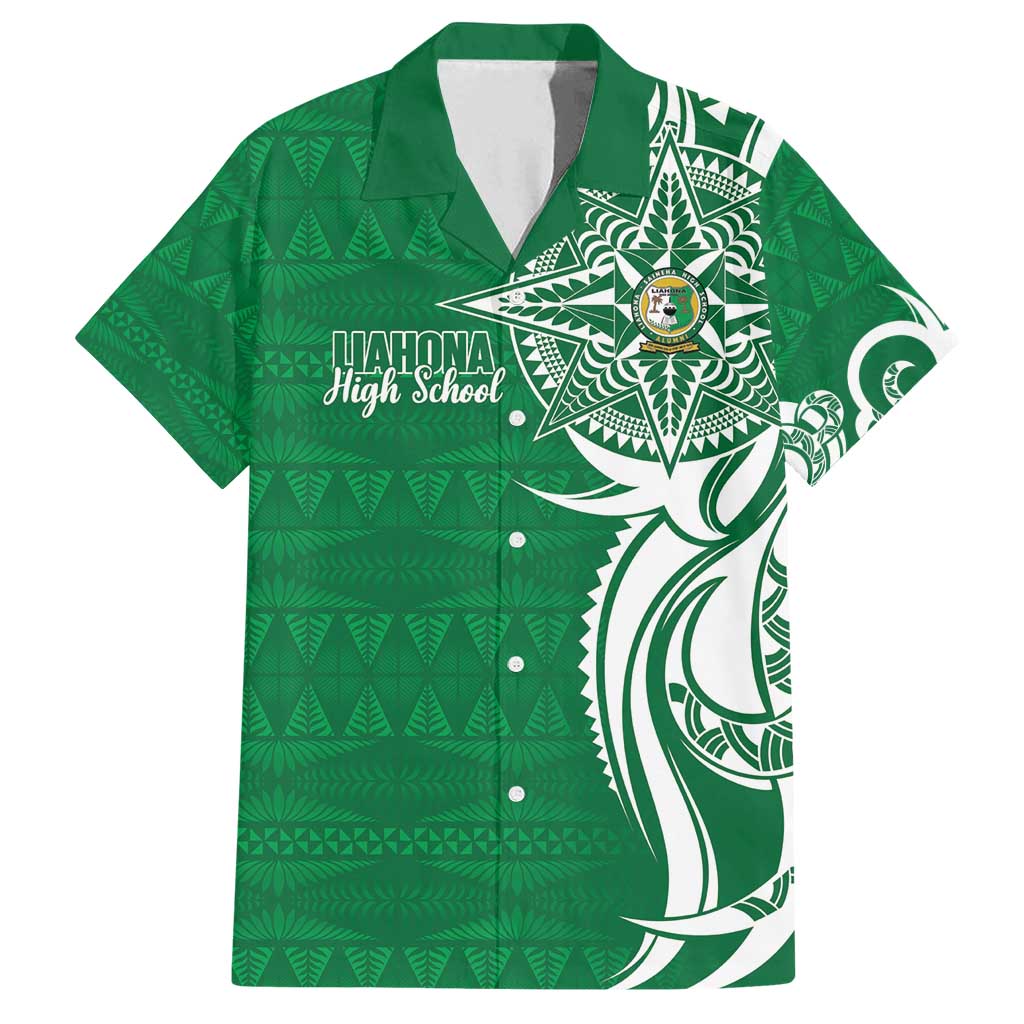 Personalised Liahona - Saineha High School Family Matching Puletasi and Hawaiian Shirt Tongan Ngatu Pattern LT14 Dad's Shirt - Short Sleeve Green - Polynesian Pride