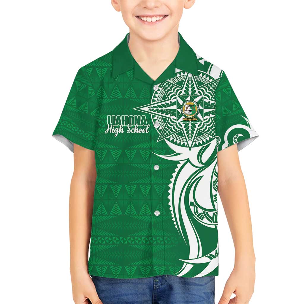 Personalised Liahona - Saineha High School Family Matching Puletasi and Hawaiian Shirt Tongan Ngatu Pattern LT14 Son's Shirt Green - Polynesian Pride