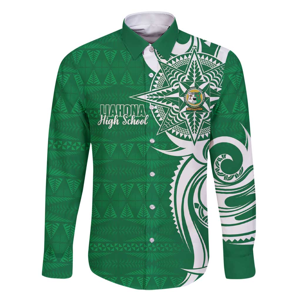 Personalised Liahona - Saineha High School Family Matching Short Sleeve Bodycon Dress and Hawaiian Shirt Tongan Ngatu Pattern LT14 Dad's Shirt - Long Sleeve Green - Polynesian Pride