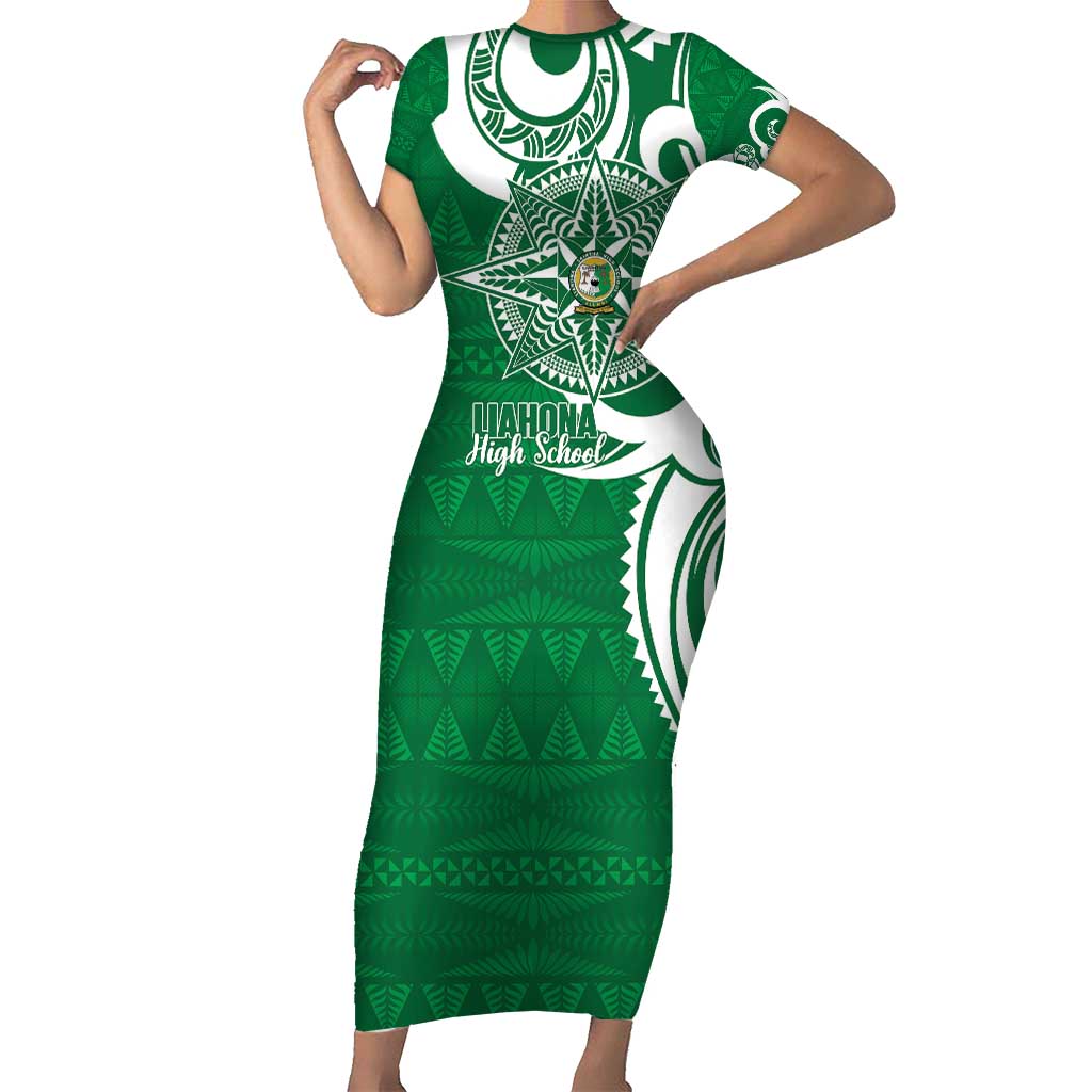 Personalised Liahona - Saineha High School Family Matching Short Sleeve Bodycon Dress and Hawaiian Shirt Tongan Ngatu Pattern LT14 Mom's Dress Green - Polynesian Pride