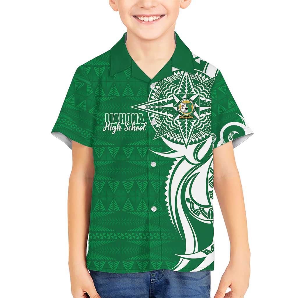 Personalised Liahona - Saineha High School Family Matching Short Sleeve Bodycon Dress and Hawaiian Shirt Tongan Ngatu Pattern LT14 Son's Shirt Green - Polynesian Pride