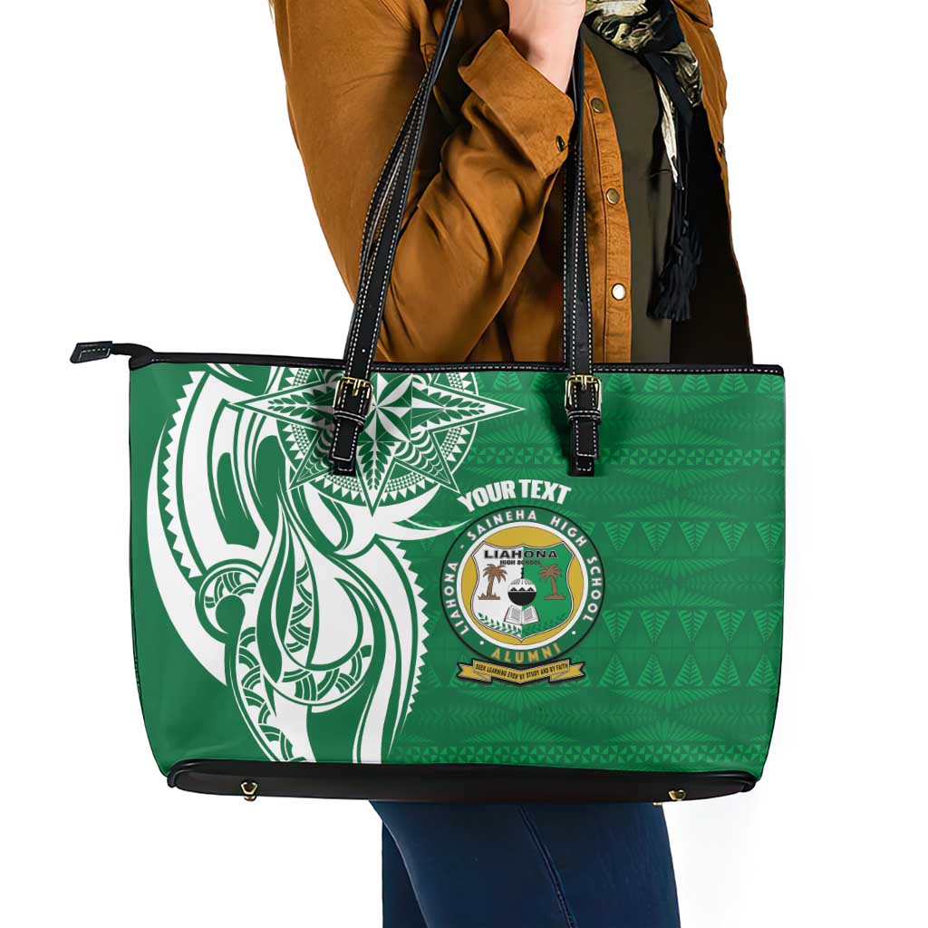 Personalised Liahona - Saineha High School Leather Tote Bag Tongan Ngatu Pattern - Polynesian Pride