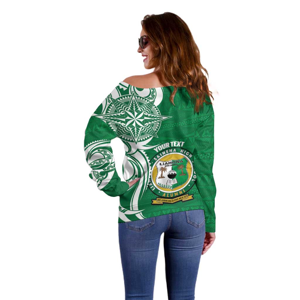 Personalised Liahona - Saineha High School Off Shoulder Sweater Tongan Ngatu Pattern - Polynesian Pride