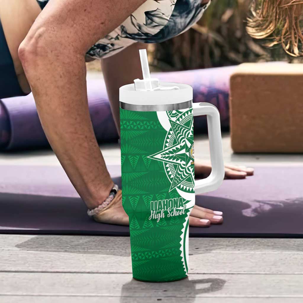 Personalised Liahona - Saineha High School Tumbler With Handle Tongan Ngatu Pattern - Polynesian Pride