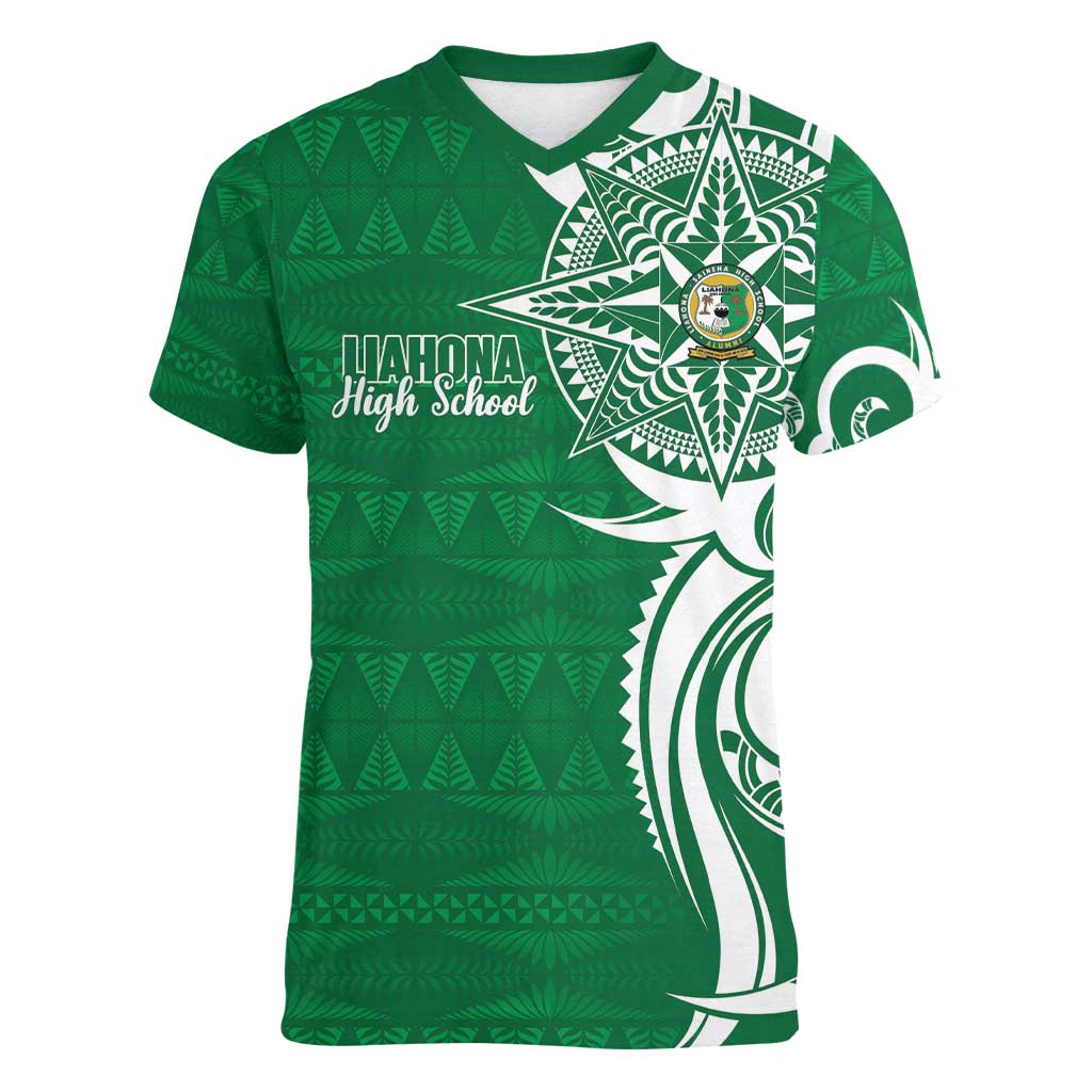 Personalised Liahona - Saineha High School Women V-Neck T-Shirt Tongan Ngatu Pattern LT14 Female Green - Polynesian Pride