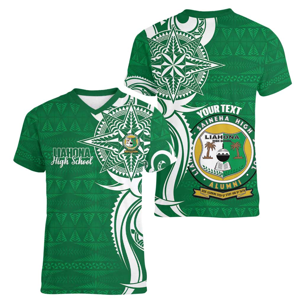 Personalised Liahona - Saineha High School Women V-Neck T-Shirt Tongan Ngatu Pattern LT14 - Polynesian Pride