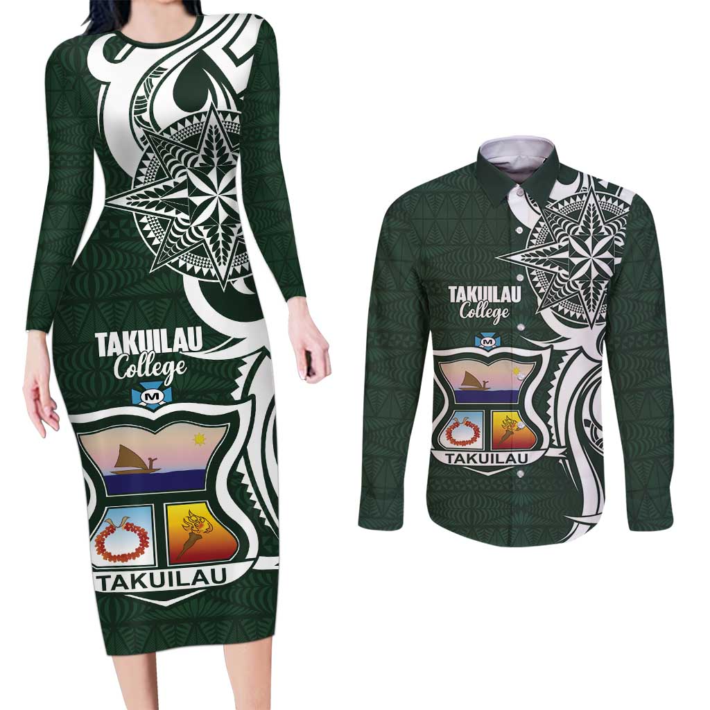 Personalised Tonga Takuilau College Couples Matching Long Sleeve Bodycon Dress and Long Sleeve Button Shirt Est 1975 Tongan Ngatu Pattern LT14 Green - Polynesian Pride