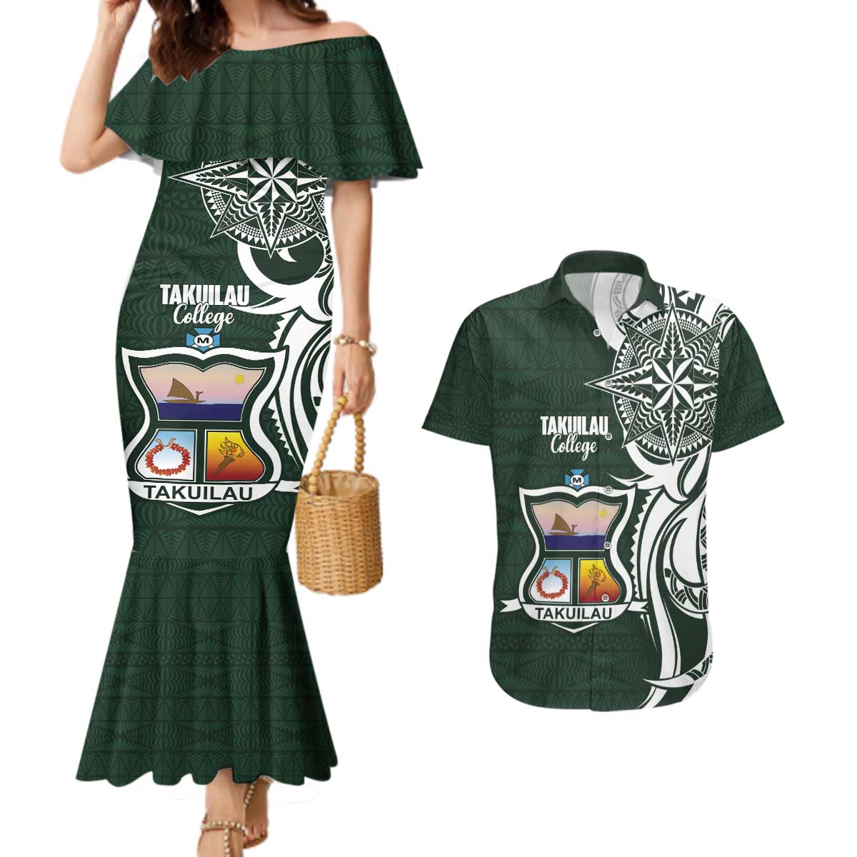 Personalised Tonga Takuilau College Couples Matching Mermaid Dress and Hawaiian Shirt Est 1975 Tongan Ngatu Pattern LT14 Green - Polynesian Pride