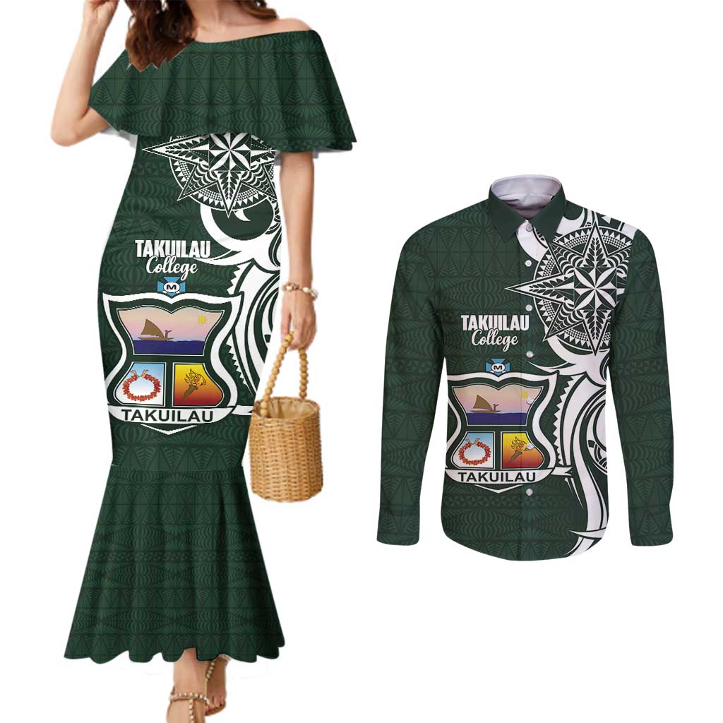 Personalised Tonga Takuilau College Couples Matching Mermaid Dress and Long Sleeve Button Shirt Est 1975 Tongan Ngatu Pattern LT14 Green - Polynesian Pride