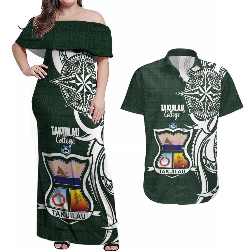 Personalised Tonga Takuilau College Couples Matching Off Shoulder Maxi Dress and Hawaiian Shirt Est 1975 Tongan Ngatu Pattern LT14 Green - Polynesian Pride