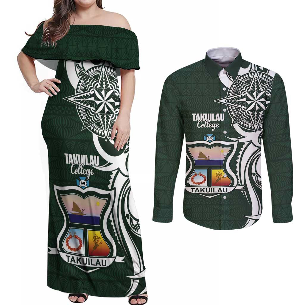 Personalised Tonga Takuilau College Couples Matching Off Shoulder Maxi Dress and Long Sleeve Button Shirt Est 1975 Tongan Ngatu Pattern LT14 Green - Polynesian Pride