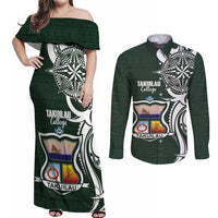 Personalised Tonga Takuilau College Couples Matching Off Shoulder Maxi Dress and Long Sleeve Button Shirt Est 1975 Tongan Ngatu Pattern LT14 Green - Polynesian Pride