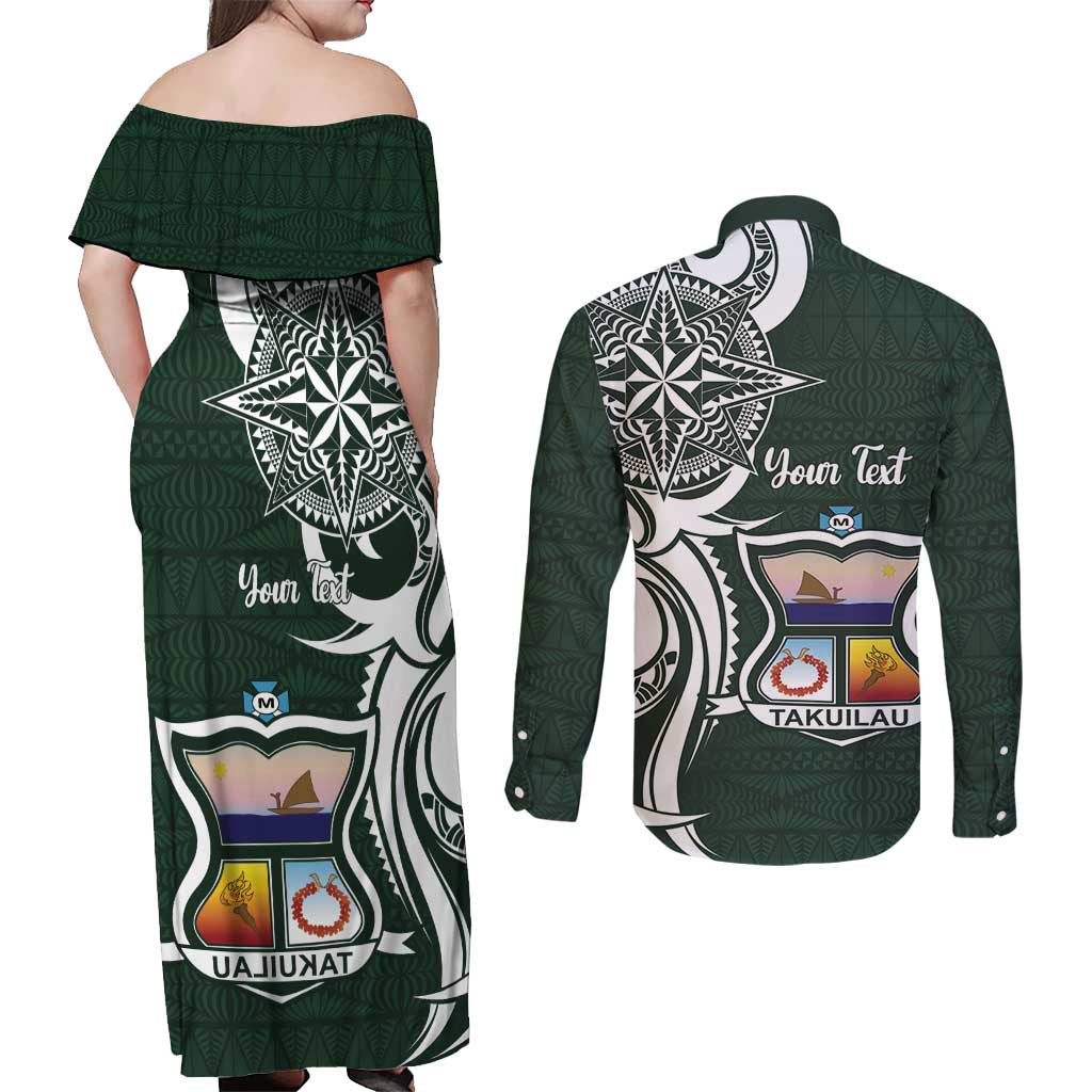 Personalised Tonga Takuilau College Couples Matching Off Shoulder Maxi Dress and Long Sleeve Button Shirt Est 1975 Tongan Ngatu Pattern LT14 - Polynesian Pride