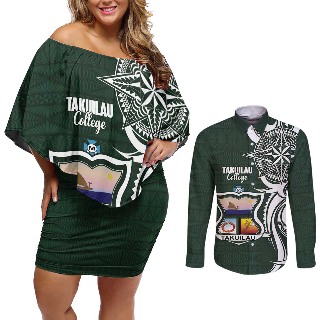 Personalised Tonga Takuilau College Couples Matching Off Shoulder Short Dress and Long Sleeve Button Shirt Est 1975 Tongan Ngatu Pattern LT14 Green - Polynesian Pride