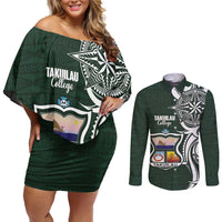 Personalised Tonga Takuilau College Couples Matching Off Shoulder Short Dress and Long Sleeve Button Shirt Est 1975 Tongan Ngatu Pattern LT14 Green - Polynesian Pride
