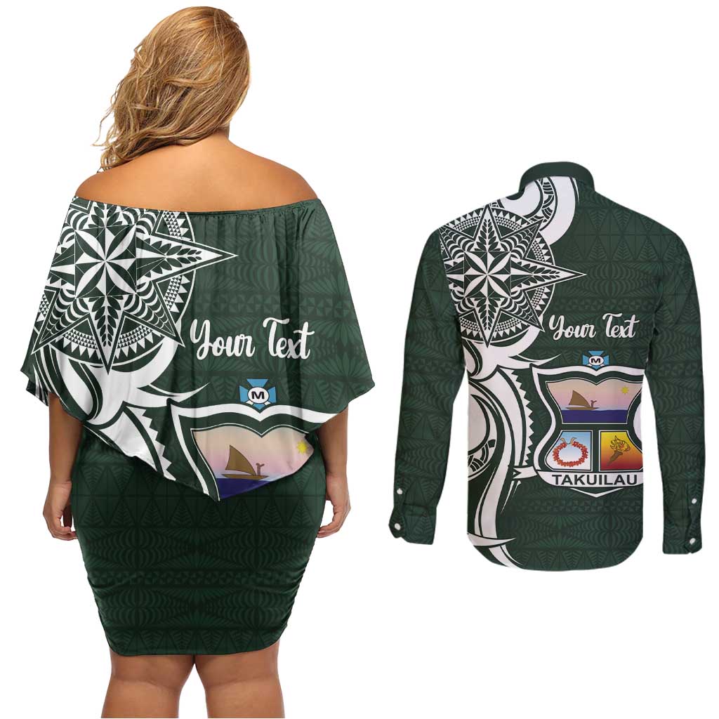 Personalised Tonga Takuilau College Couples Matching Off Shoulder Short Dress and Long Sleeve Button Shirt Est 1975 Tongan Ngatu Pattern LT14 - Polynesian Pride