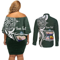 Personalised Tonga Takuilau College Couples Matching Off Shoulder Short Dress and Long Sleeve Button Shirt Est 1975 Tongan Ngatu Pattern LT14 - Polynesian Pride