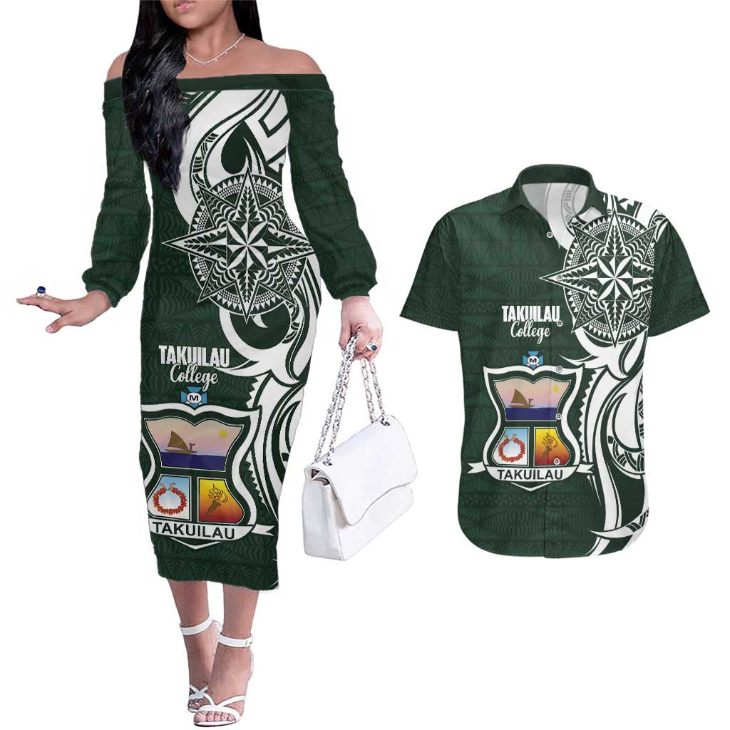 Personalised Tonga Takuilau College Couples Matching Off The Shoulder Long Sleeve Dress and Hawaiian Shirt Est 1975 Tongan Ngatu Pattern LT14 Green - Polynesian Pride