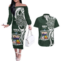 Personalised Tonga Takuilau College Couples Matching Off The Shoulder Long Sleeve Dress and Hawaiian Shirt Est 1975 Tongan Ngatu Pattern LT14 Green - Polynesian Pride