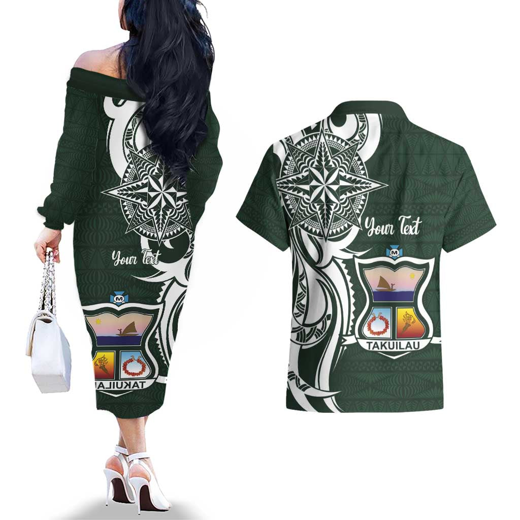 Personalised Tonga Takuilau College Couples Matching Off The Shoulder Long Sleeve Dress and Hawaiian Shirt Est 1975 Tongan Ngatu Pattern LT14 - Polynesian Pride