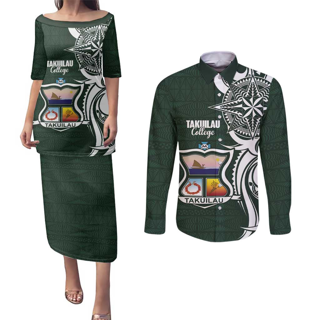 Personalised Tonga Takuilau College Couples Matching Puletasi and Long Sleeve Button Shirt Est 1975 Tongan Ngatu Pattern LT14 Green - Polynesian Pride