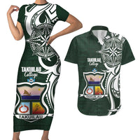 Personalised Tonga Takuilau College Couples Matching Short Sleeve Bodycon Dress and Hawaiian Shirt Est 1975 Tongan Ngatu Pattern LT14 Green - Polynesian Pride