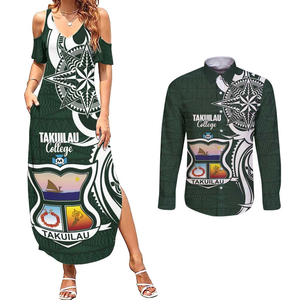 Personalised Tonga Takuilau College Couples Matching Summer Maxi Dress and Long Sleeve Button Shirt Est 1975 Tongan Ngatu Pattern LT14 Green - Polynesian Pride