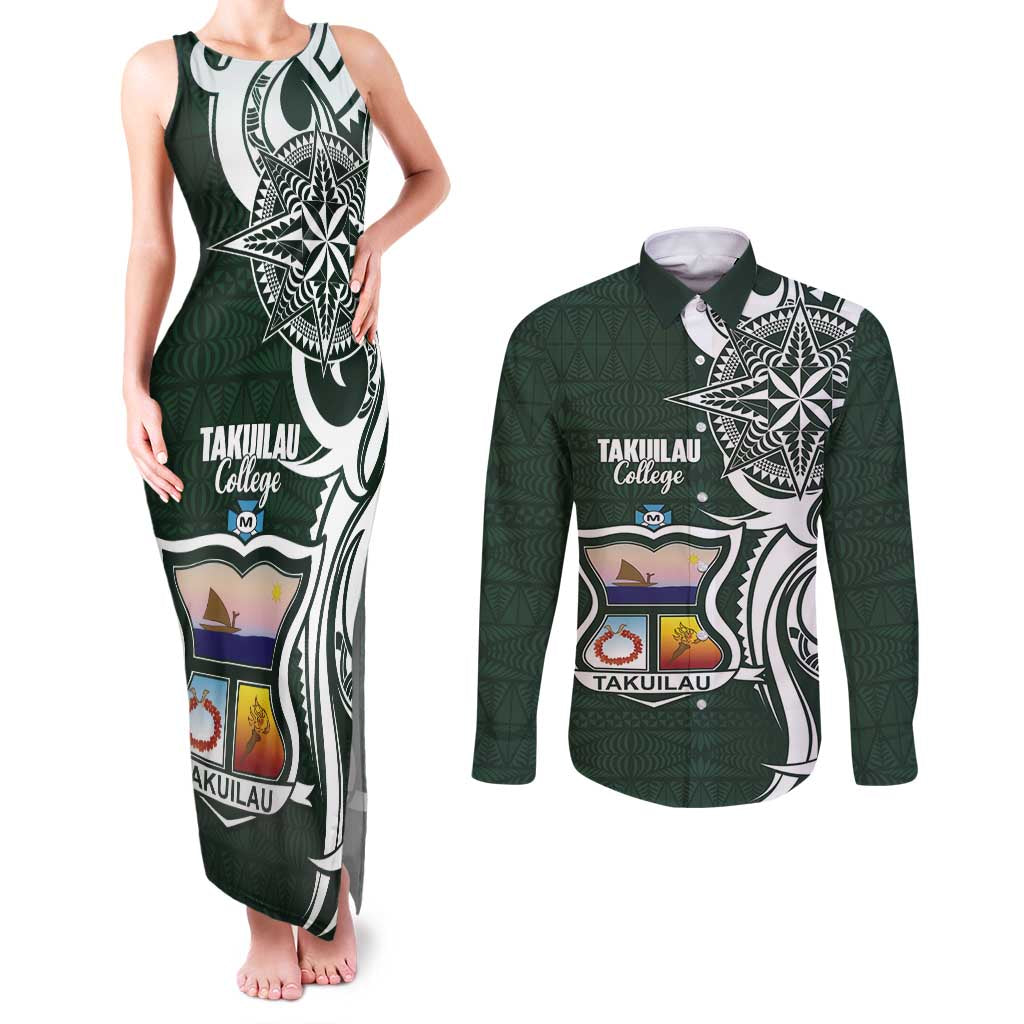 Personalised Tonga Takuilau College Couples Matching Tank Maxi Dress and Long Sleeve Button Shirt Est 1975 Tongan Ngatu Pattern LT14 Green - Polynesian Pride
