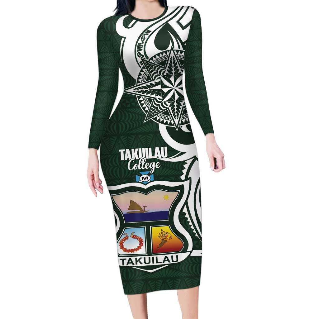 Personalised Tonga Takuilau College Family Matching Long Sleeve Bodycon Dress and Hawaiian Shirt Est 1975 Tongan Ngatu Pattern LT14 Mom's Dress Green - Polynesian Pride
