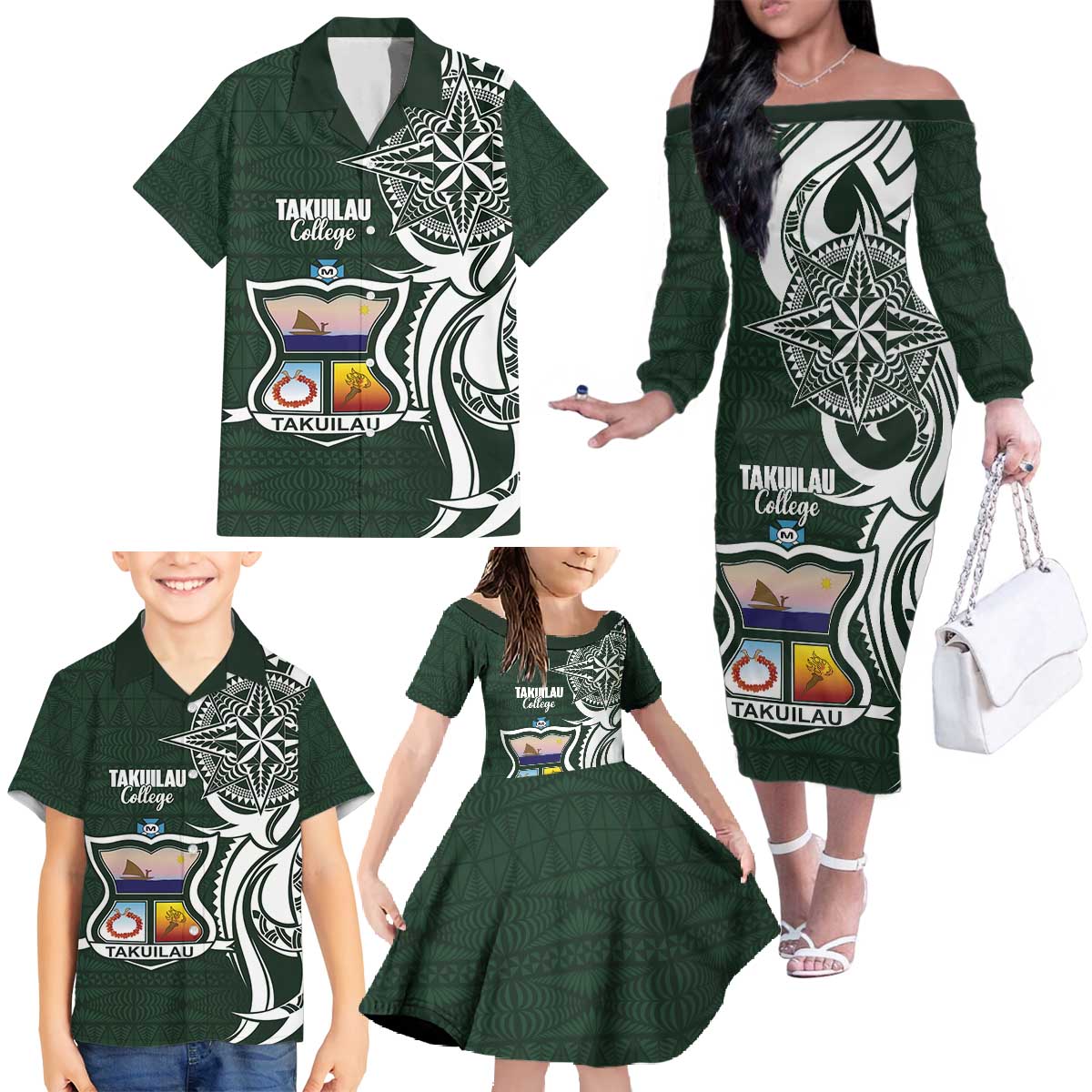 Personalised Tonga Takuilau College Family Matching Off The Shoulder Long Sleeve Dress and Hawaiian Shirt Est 1975 Tongan Ngatu Pattern LT14 - Polynesian Pride