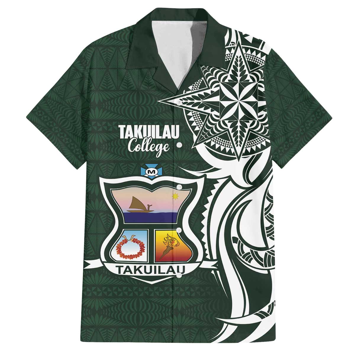 Personalised Tonga Takuilau College Family Matching Off The Shoulder Long Sleeve Dress and Hawaiian Shirt Est 1975 Tongan Ngatu Pattern LT14 Dad's Shirt - Short Sleeve Green - Polynesian Pride