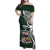 Personalised Tonga Takuilau College Family Matching Off Shoulder Maxi Dress and Hawaiian Shirt Est 1975 Tongan Ngatu Pattern LT14 Mom's Dress Green - Polynesian Pride