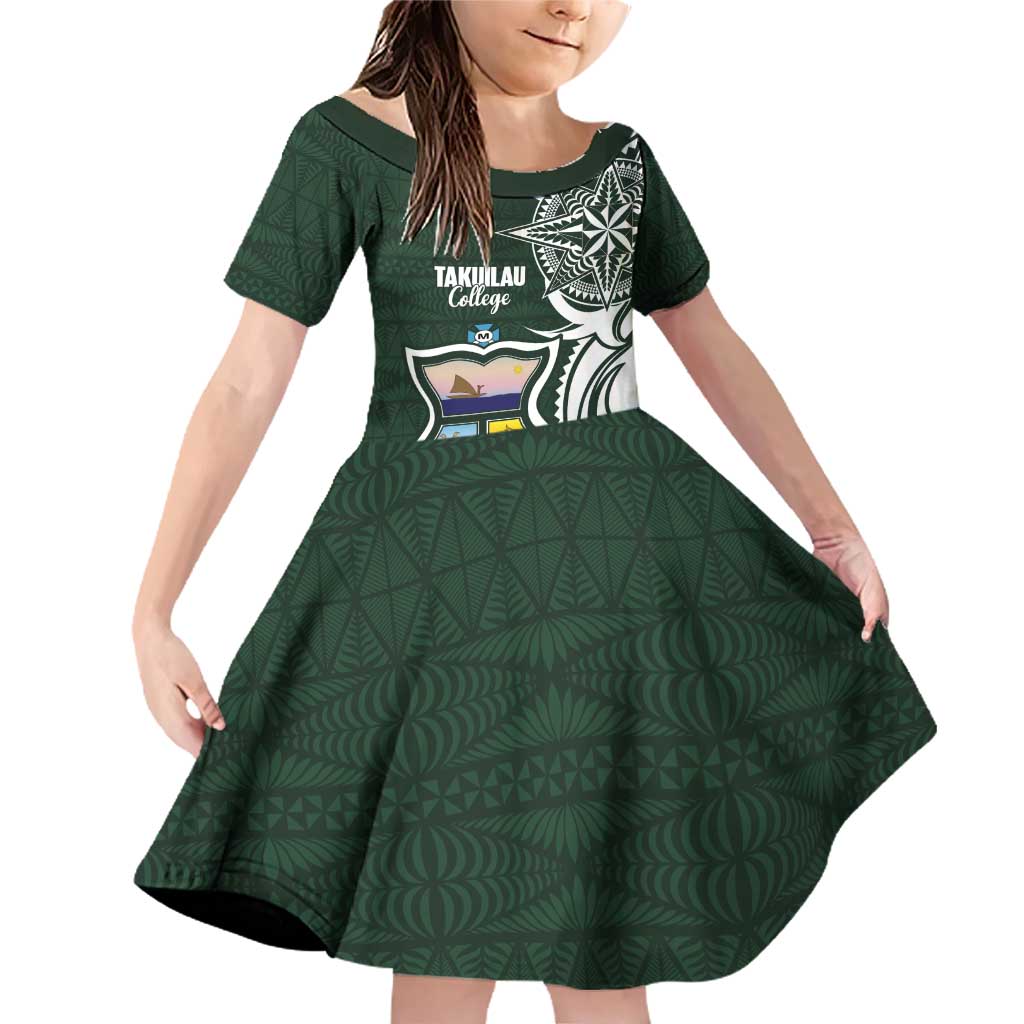 Personalised Tonga Takuilau College Family Matching Off Shoulder Short Dress and Hawaiian Shirt Est 1975 Tongan Ngatu Pattern LT14 Daughter's Dress Green - Polynesian Pride