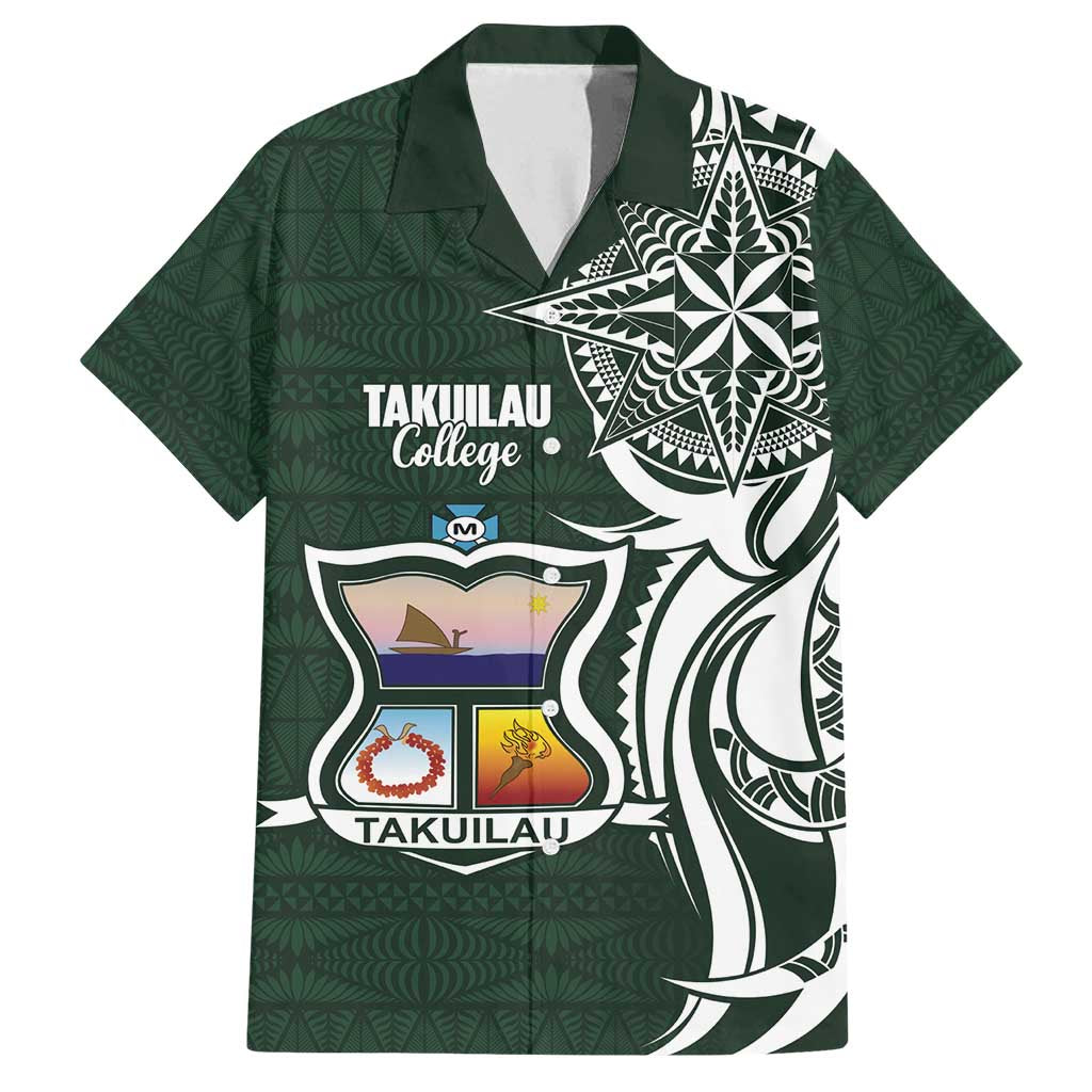 Personalised Tonga Takuilau College Family Matching Off Shoulder Short Dress and Hawaiian Shirt Est 1975 Tongan Ngatu Pattern LT14 Dad's Shirt - Short Sleeve Green - Polynesian Pride
