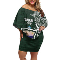 Personalised Tonga Takuilau College Family Matching Off Shoulder Short Dress and Hawaiian Shirt Est 1975 Tongan Ngatu Pattern LT14 Mom's Dress Green - Polynesian Pride