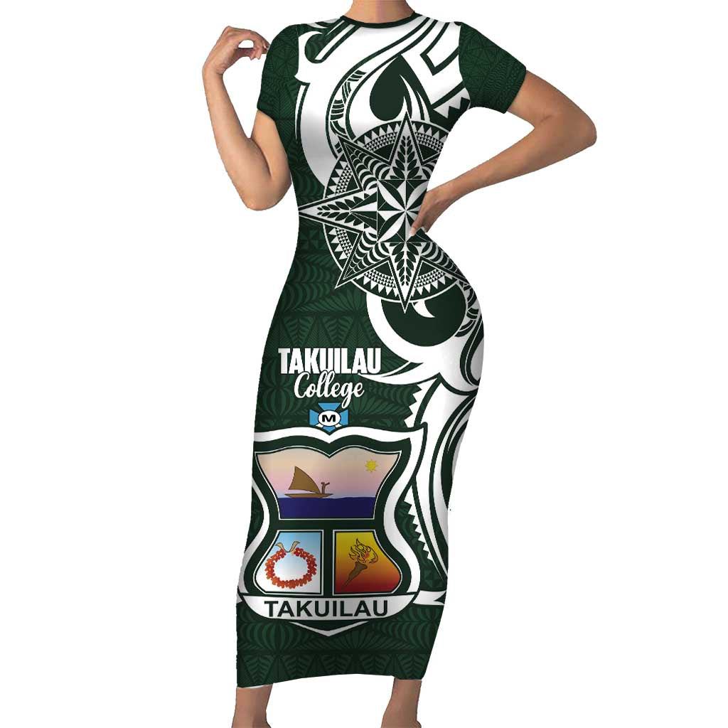 Personalised Tonga Takuilau College Family Matching Short Sleeve Bodycon Dress and Hawaiian Shirt Est 1975 Tongan Ngatu Pattern LT14 Mom's Dress Green - Polynesian Pride