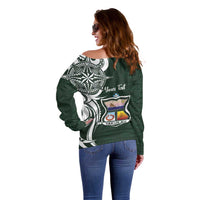 Personalised Tonga Takuilau College Off Shoulder Sweater Est 1975 Tongan Ngatu Pattern - Polynesian Pride