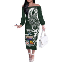 Personalised Tonga Takuilau College Off The Shoulder Long Sleeve Dress Est 1975 Tongan Ngatu Pattern LT14 Women Green - Polynesian Pride