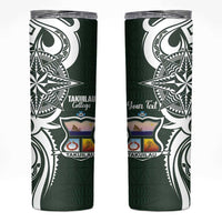 Personalised Tonga Takuilau College Skinny Tumbler Est 1975 Tongan Ngatu Pattern LT14 Green - Polynesian Pride