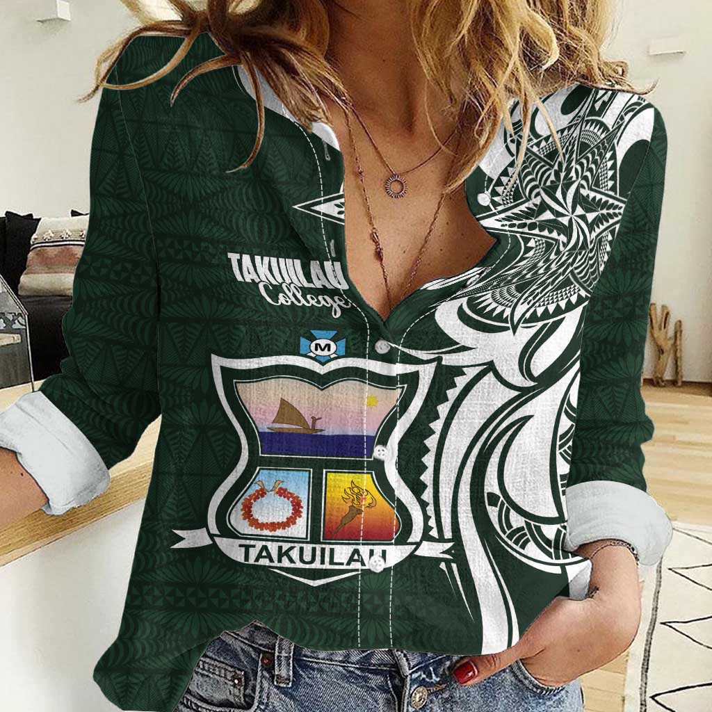 Personalised Tonga Takuilau College Women Casual Shirt Est 1975 Tongan Ngatu Pattern LT14 Female Green - Polynesian Pride