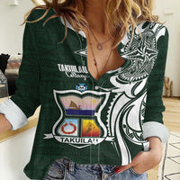 Personalised Tonga Takuilau College Women Casual Shirt Est 1975 Tongan Ngatu Pattern LT14 Female Green - Polynesian Pride