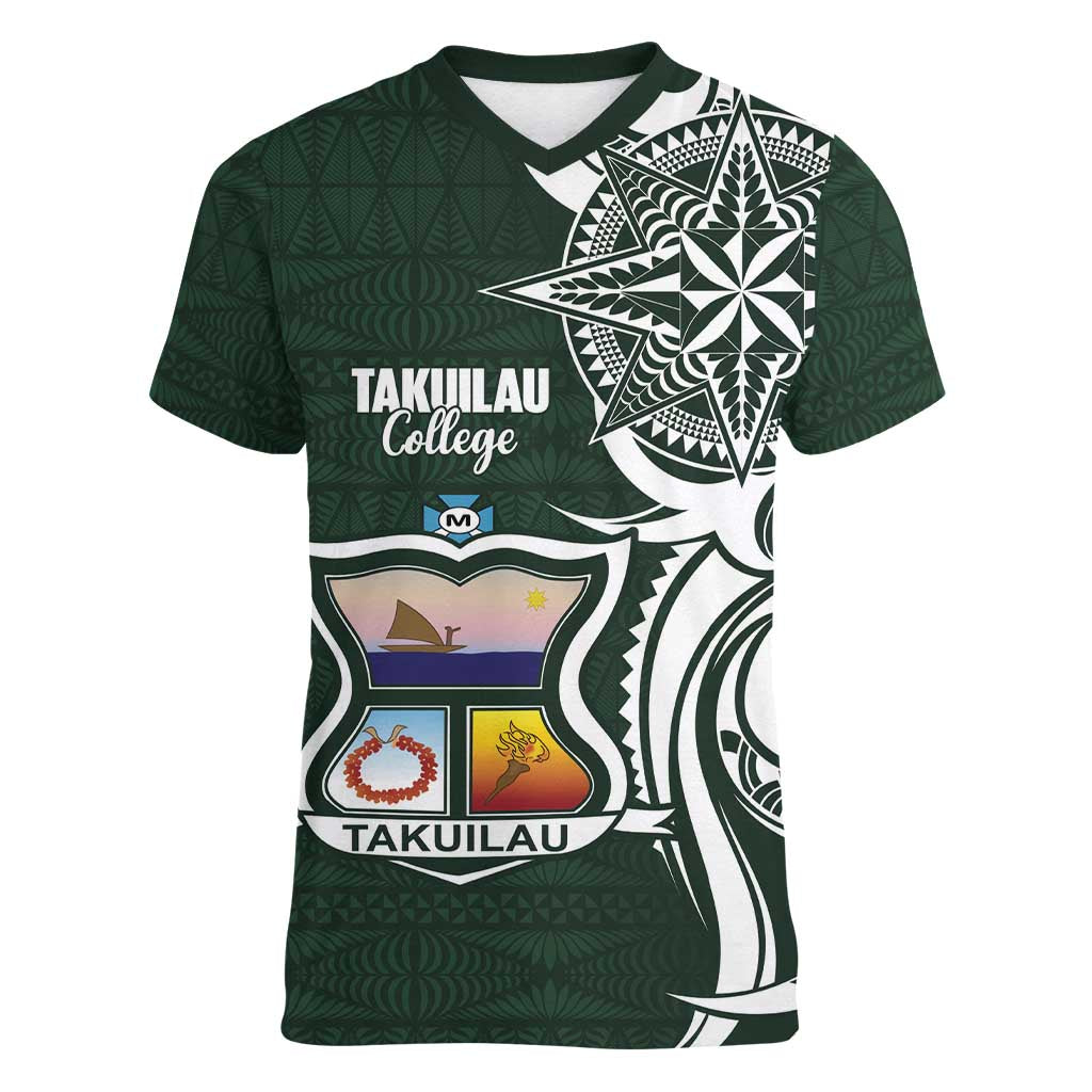 Personalised Tonga Takuilau College Women V-Neck T-Shirt Est 1975 Tongan Ngatu Pattern LT14 Female Green - Polynesian Pride