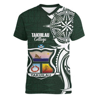 Personalised Tonga Takuilau College Women V-Neck T-Shirt Est 1975 Tongan Ngatu Pattern LT14 Female Green - Polynesian Pride