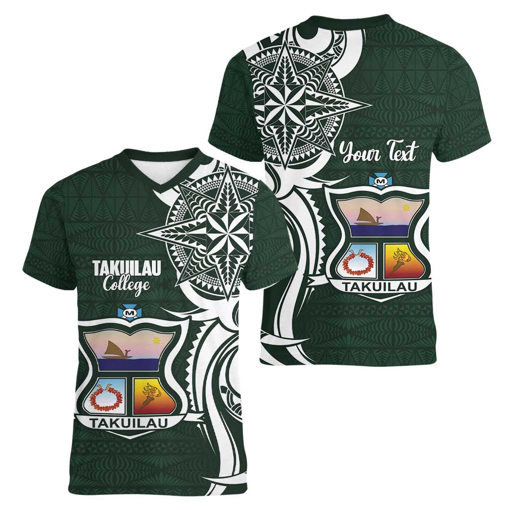 Personalised Tonga Takuilau College Women V-Neck T-Shirt Est 1975 Tongan Ngatu Pattern LT14 - Polynesian Pride