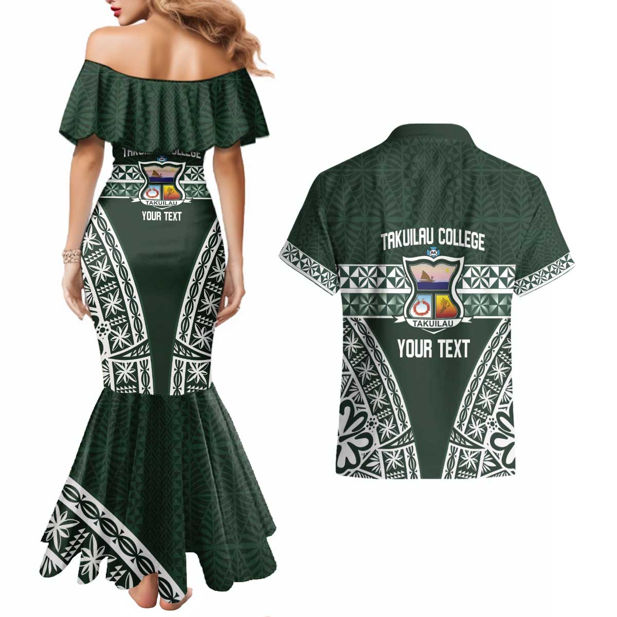 Personalised Tonga Takuilau College Couples Matching Mermaid Dress and Hawaiian Shirt 50th Anniversary Ngatu Kupesi LT14 - Polynesian Pride