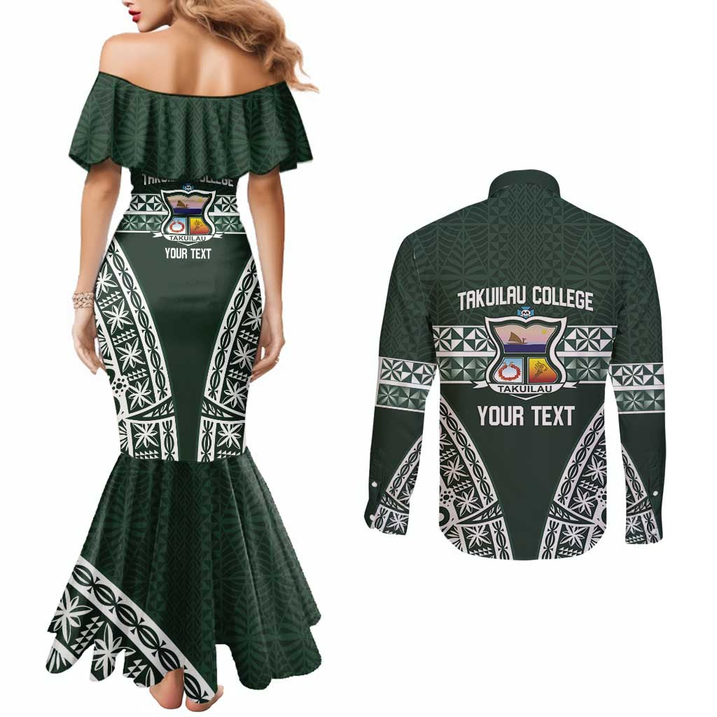 Personalised Tonga Takuilau College Couples Matching Mermaid Dress and Long Sleeve Button Shirt 50th Anniversary Ngatu Kupesi LT14 - Polynesian Pride