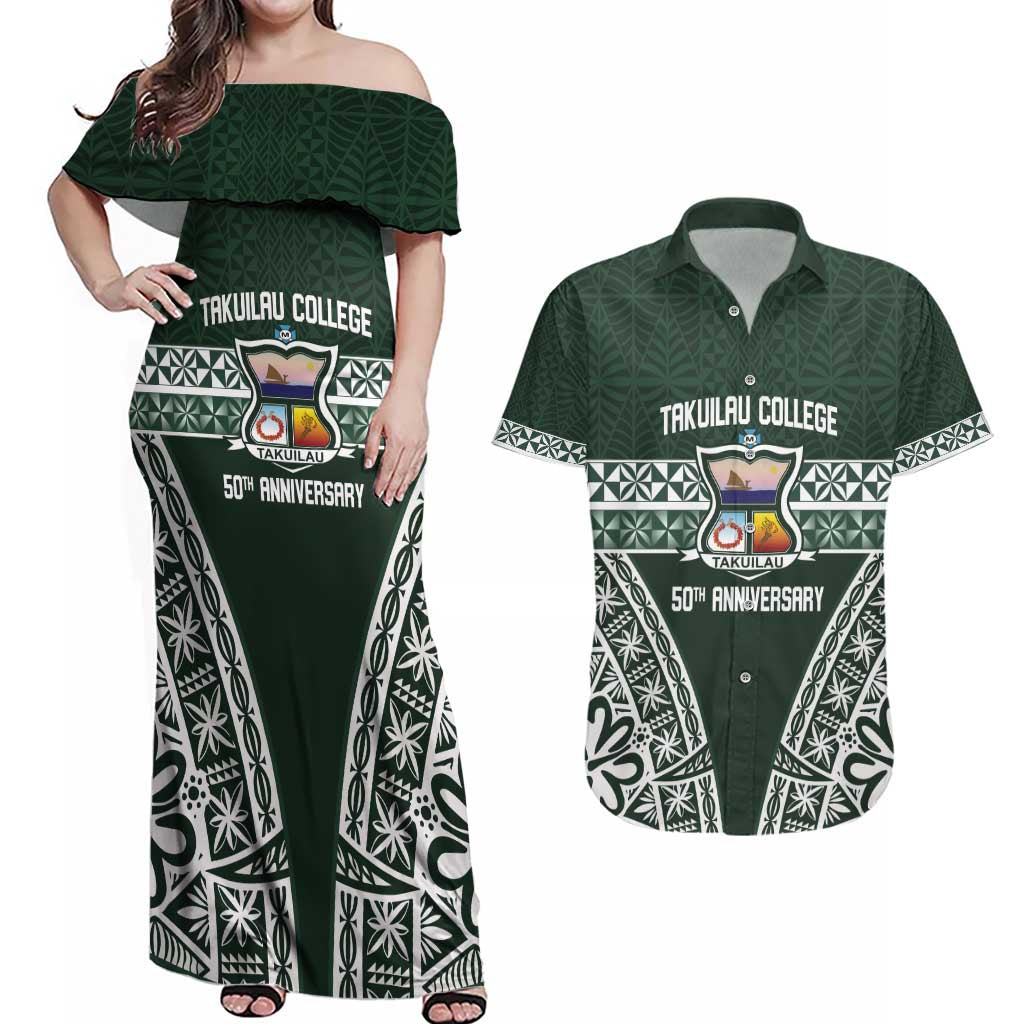 Personalised Tonga Takuilau College Couples Matching Off Shoulder Maxi Dress and Hawaiian Shirt 50th Anniversary Ngatu Kupesi LT14 Green - Polynesian Pride