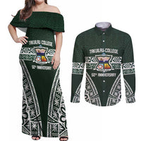 Personalised Tonga Takuilau College Couples Matching Off Shoulder Maxi Dress and Long Sleeve Button Shirt 50th Anniversary Ngatu Kupesi LT14 Green - Polynesian Pride